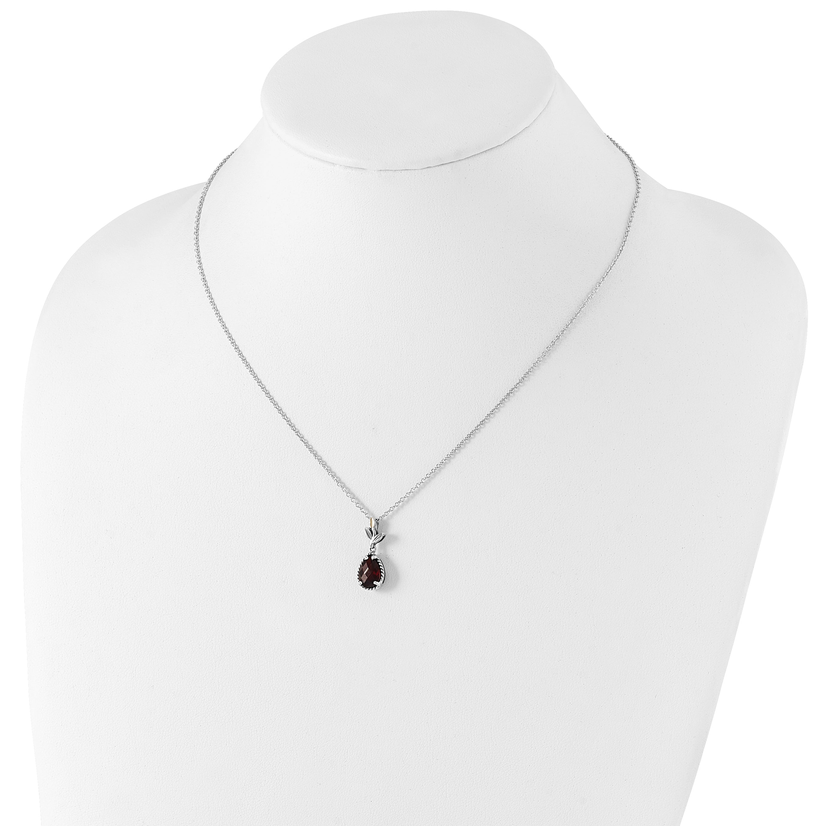 14K/Silver Two Tone Shey Couture Sterling Silver With 14K Accent 18 Inch Antiqued Leaves Pear Shaped Checkerboard Garnet Necklace 2 Extender