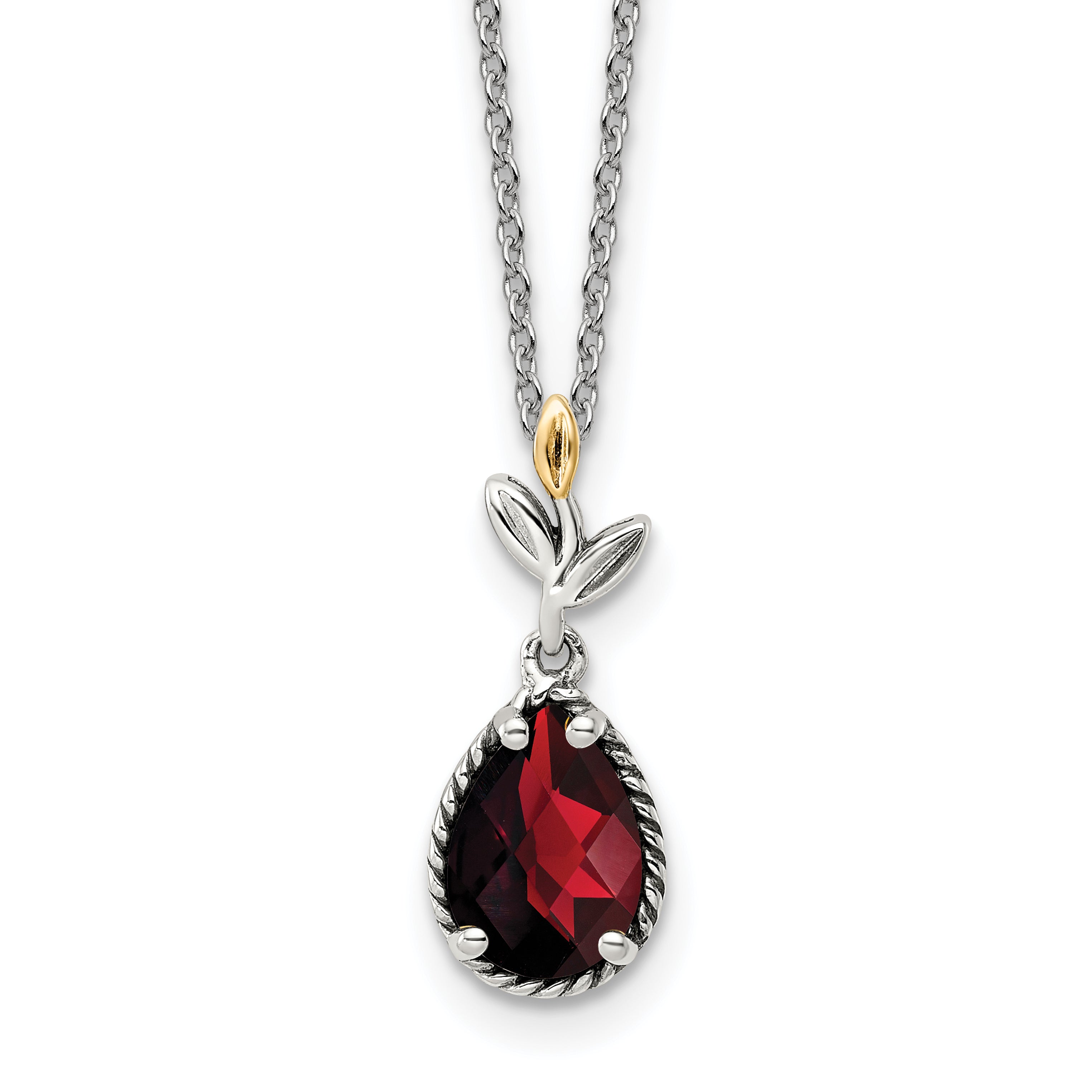 14K/Silver Two Tone Shey Couture Sterling Silver With 14K Accent 18 Inch Antiqued Leaves Pear Shaped Checkerboard Garnet Necklace 2 Extender