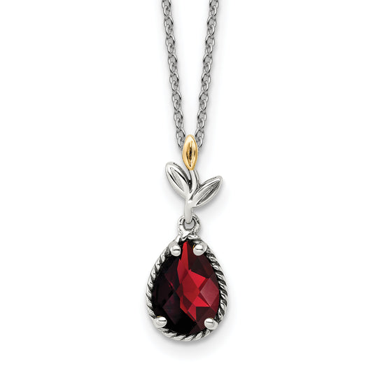 14K/Silver Two Tone Shey Couture Sterling Silver With 14K Accent 18 Inch Antiqued Leaves Pear Shaped Checkerboard Garnet Necklace 2 Extender