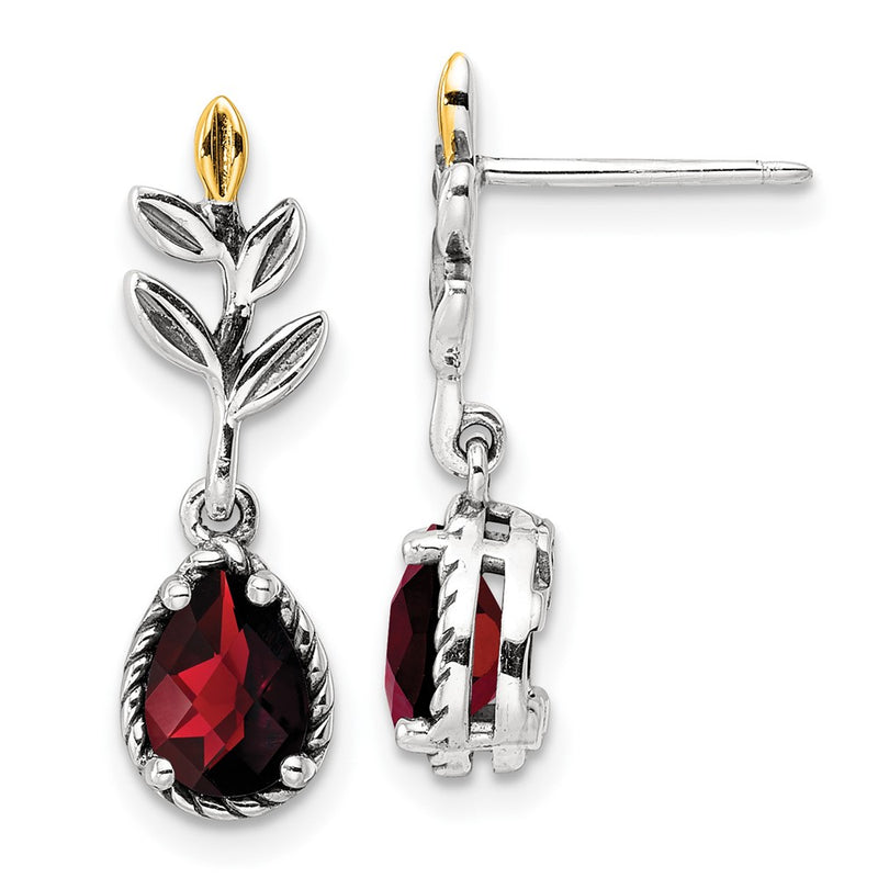 14K/Silver Two Tone Shey Couture Sterling Silver With 14K Accent 18 Inch Antiqued Leaves Pear Shaped Checkerboard Garnet Dangle Post Earrings