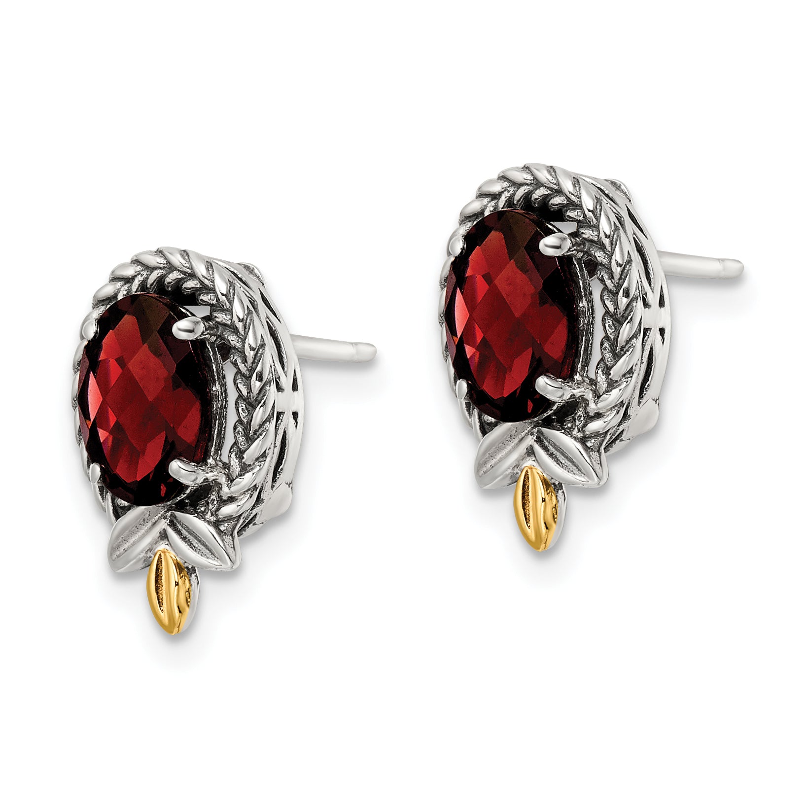 14K/Silver Two Tone Shey Couture Sterling Silver With 14K Accent Antiqued Checkerboard Oval Garnet Post Earrings