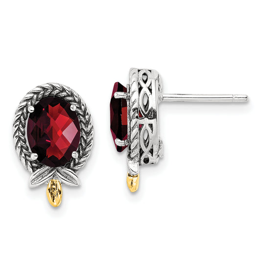 14K/Silver Two Tone Shey Couture Sterling Silver With 14K Accent Antiqued Checkerboard Oval Garnet Post Earrings