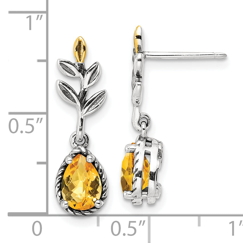 14K/Silver Two Tone Shey Couture Sterling Silver With 14K Accent Antiqued Leaf Pear Shaped Citrine Dangle Post Earrings