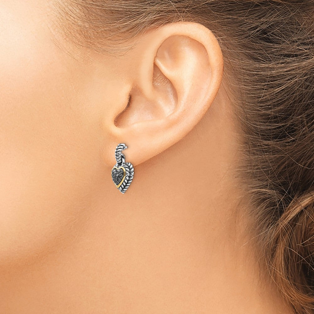 14K/Silver Two Tone Shey Couture Sterling Silver With 14K Accent Antiqued Black Diamond Dangle Post Heart Earrings