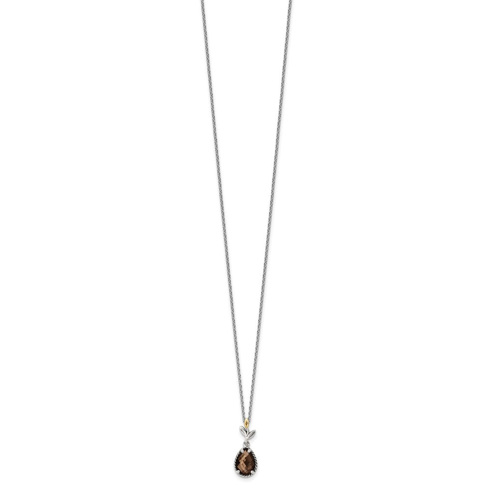 14K/Silver Two Tone Shey Couture Sterling Silver With 14K Accent 18 Inch Leaves Pear Shaped Checkerboard Smoky Quartz Necklace 2 Extender