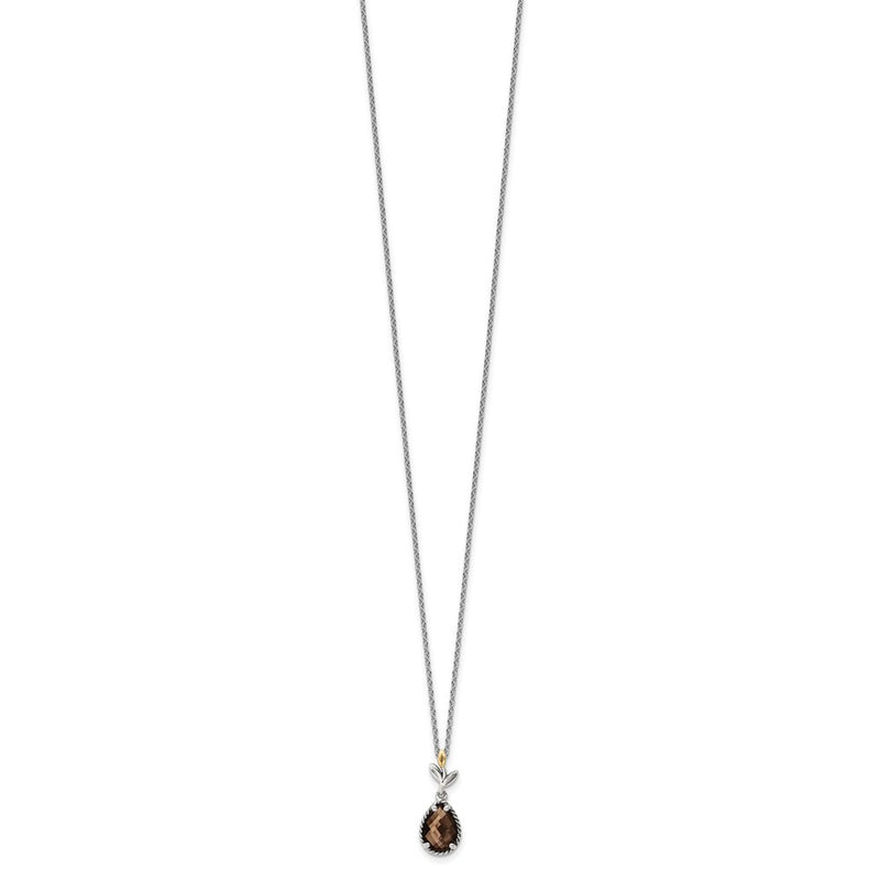 14K/Silver Two Tone Shey Couture Sterling Silver With 14K Accent 18 Inch Leaves Pear Shaped Checkerboard Smoky Quartz Necklace 2 Extender