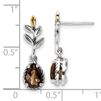 14K/Silver Two Tone Shey Couture Sterling Silver With 14K Accent Leaves Pear Shaped Checkerboard Smoky Quartz Dangle Post Earrings
