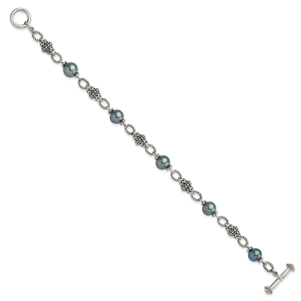 Sterling Silver Oxidized 8-8.5mm Fwc Black Pearl 8in Toggle Bracelet