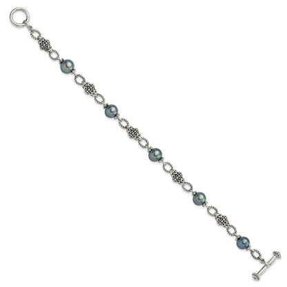 Sterling Silver Oxidized 8-8.5mm Fwc Black Pearl 8in Toggle Bracelet