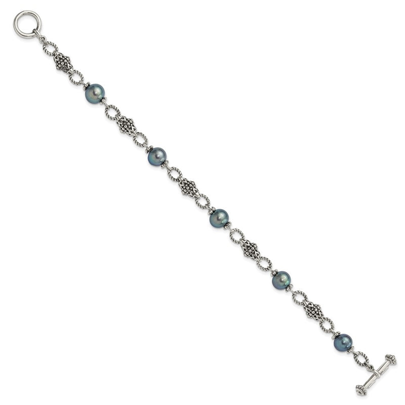Sterling Silver Oxidized 8-8.5mm Fwc Black Pearl 8in Toggle Bracelet