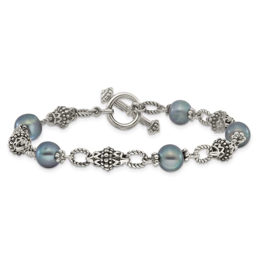 Sterling Silver Oxidized 8-8.5mm Fwc Black Pearl 8in Toggle Bracelet