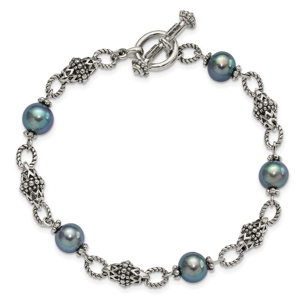 Sterling Silver Oxidized 8-8.5mm Fwc Black Pearl 8in Toggle Bracelet