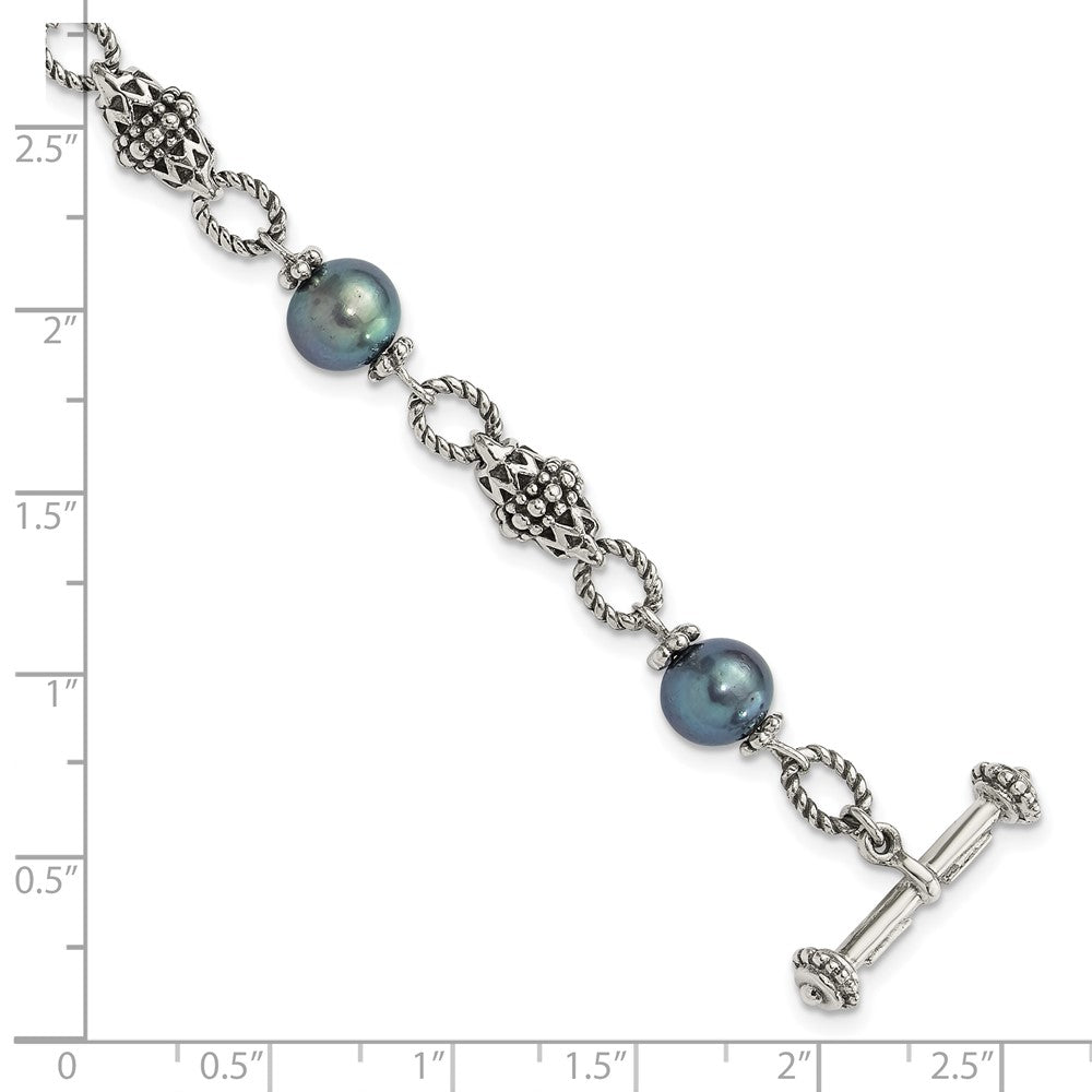Sterling Silver Oxidized 8-8.5mm Fwc Black Pearl 8in Toggle Bracelet