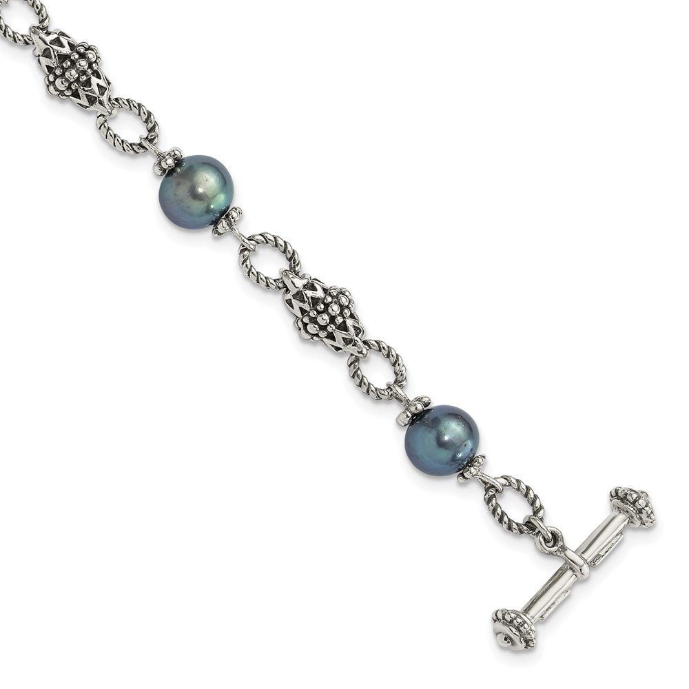 Sterling Silver Oxidized 8-8.5mm Fwc Black Pearl 8in Toggle Bracelet