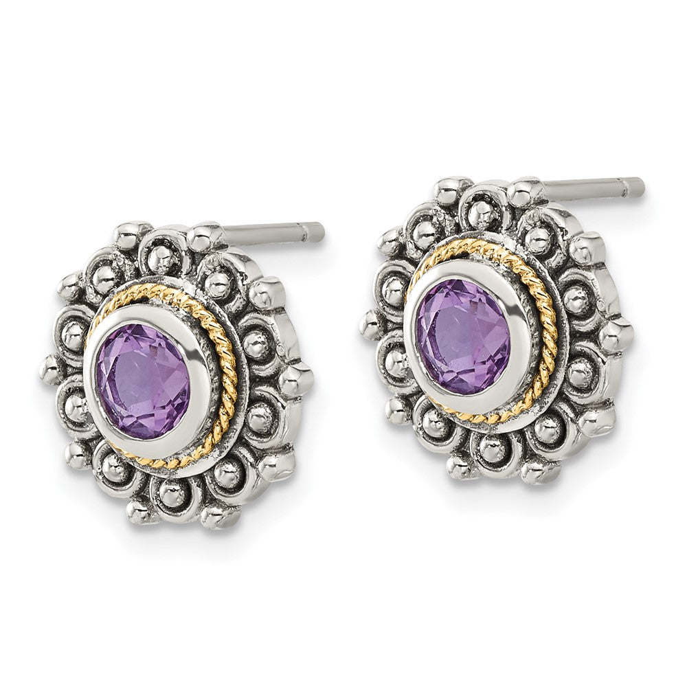 Sterling Silver w/14K/Silver Two-Tone Antiqued Amethyst Post Earrings