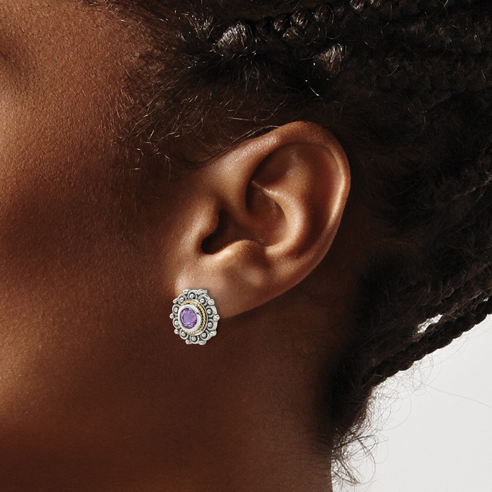 Sterling Silver w/14K/Silver Two-Tone Antiqued Amethyst Post Earrings