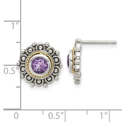 Sterling Silver w/14K/Silver Two-Tone Antiqued Amethyst Post Earrings