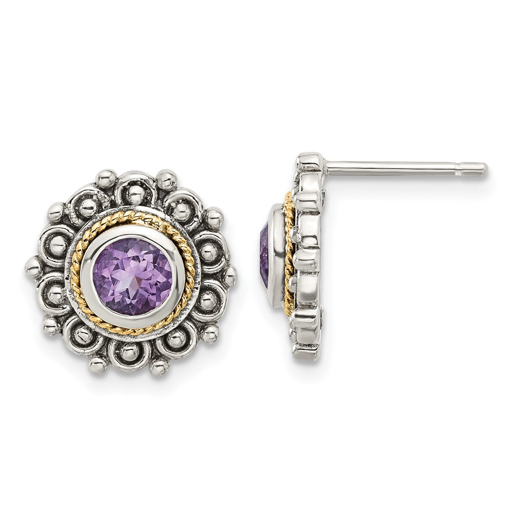 Sterling Silver w/14K/Silver Two-Tone Antiqued Amethyst Post Earrings