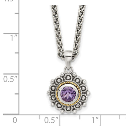 Sterling Silver w/14K/Silver Two-Tone Antiqued and Amethyst 18in Necklace