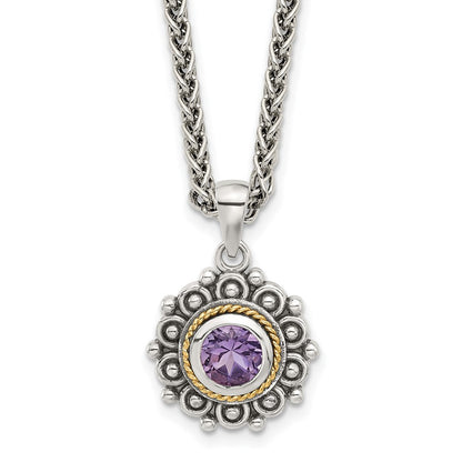 Sterling Silver w/14K/Silver Two-Tone Antiqued and Amethyst 18in Necklace