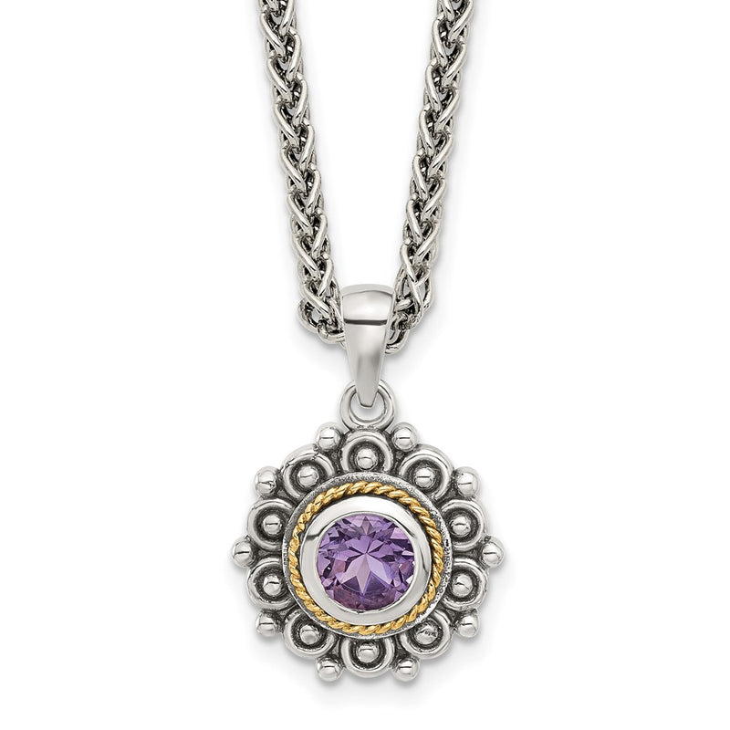 Sterling Silver w/14K/Silver Two-Tone Antiqued and Amethyst 18in Necklace