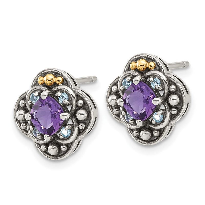 Sterling Silver w/14K/Silver Two-Tone Antiqued .91 Amethyst/.11Swiss Bt Post Earrings
