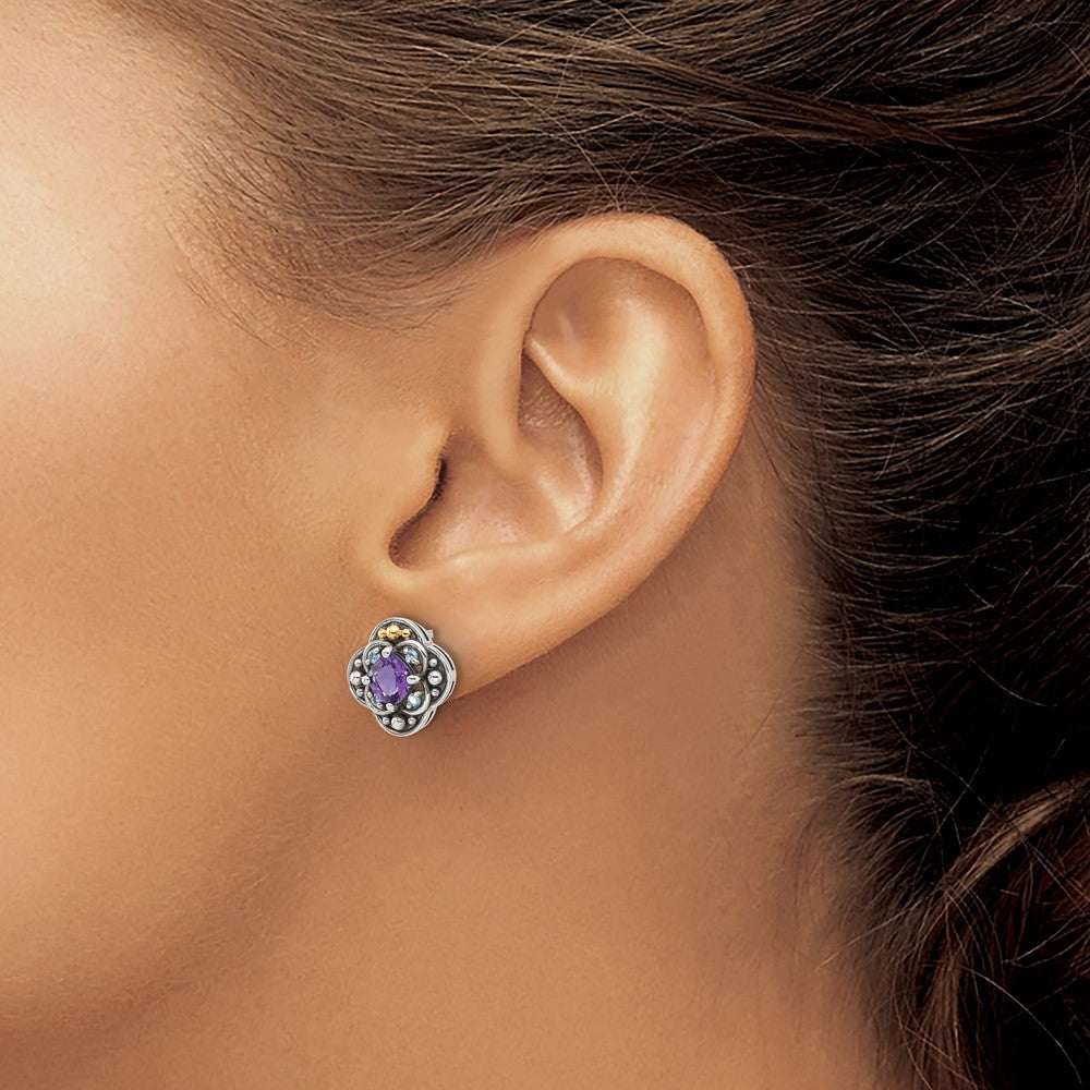 Sterling Silver w/14K/Silver Two-Tone Antiqued .91 Amethyst/.11Swiss Bt Post Earrings