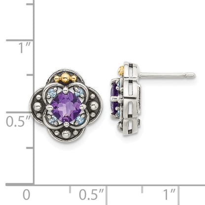 Sterling Silver w/14K/Silver Two-Tone Antiqued .91 Amethyst/.11Swiss Bt Post Earrings