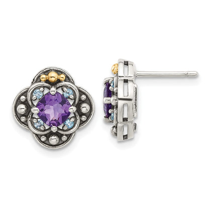 Sterling Silver w/14K/Silver Two-Tone Antiqued .91 Amethyst/.11Swiss Bt Post Earrings