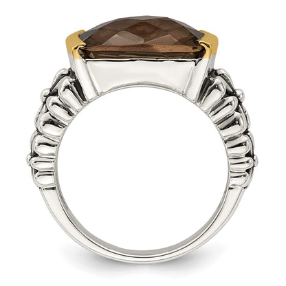 14K/Silver Two Tone Shey Couture Sterling Silver With 14K Accent Antiqued Cushion Checkerboard Smoky Quartz Ring