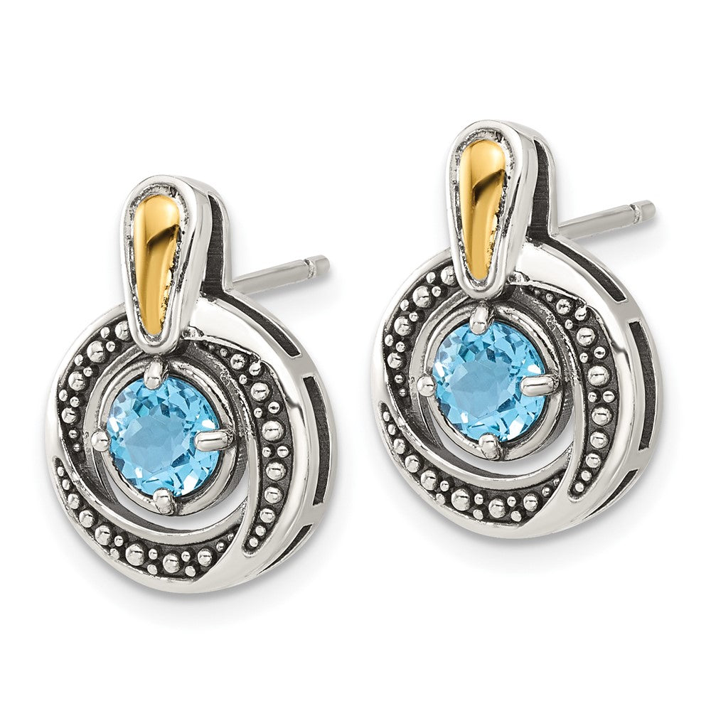 Sterling Silver w/14K/Silver Two-Tone Antiqued Light Swiss Blue Topaz Post Earrings