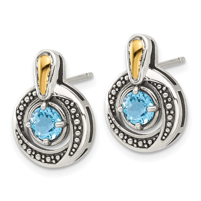 Sterling Silver w/14K/Silver Two-Tone Antiqued Light Swiss Blue Topaz Post Earrings