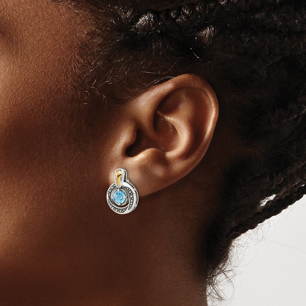 Sterling Silver w/14K/Silver Two-Tone Antiqued Light Swiss Blue Topaz Post Earrings