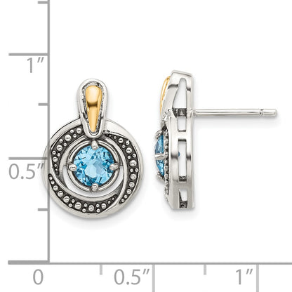 Sterling Silver w/14K/Silver Two-Tone Antiqued Light Swiss Blue Topaz Post Earrings