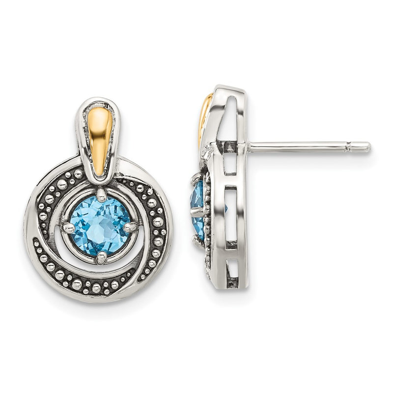 Sterling Silver w/14K/Silver Two-Tone Antiqued Light Swiss Blue Topaz Post Earrings
