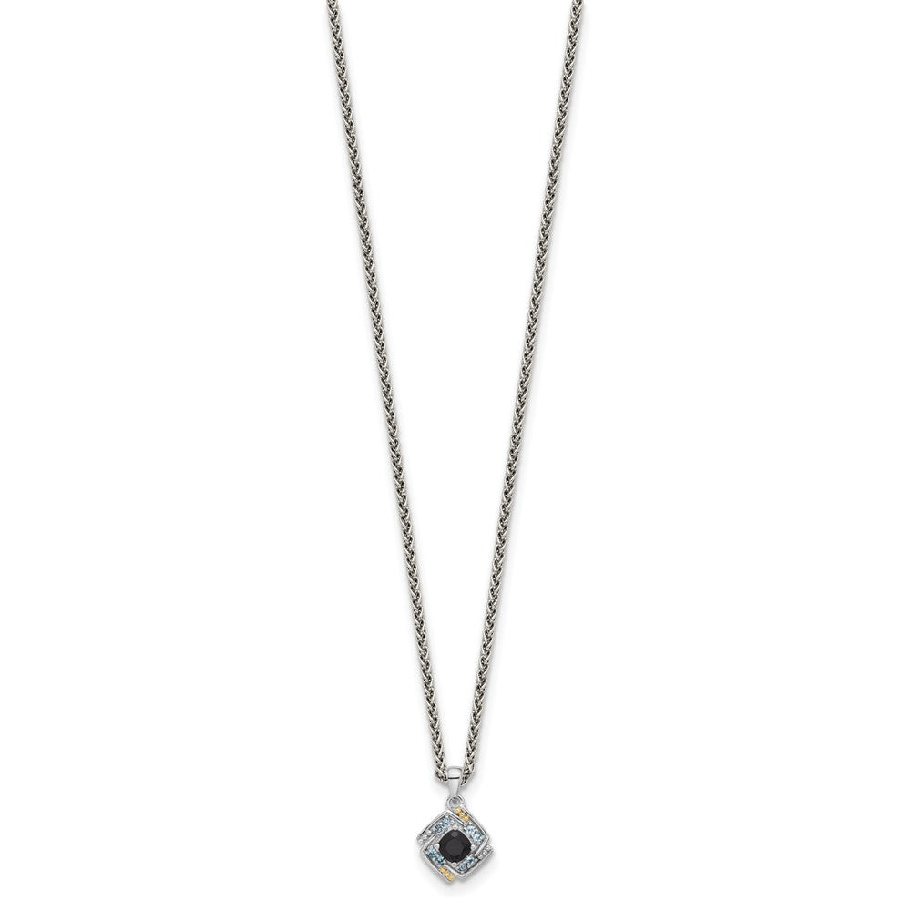 Sterling Silver Rh-Pl w/14K/Silver Two-Tone .49 Onyx and .16 Swiss Blue Topaz Necklace