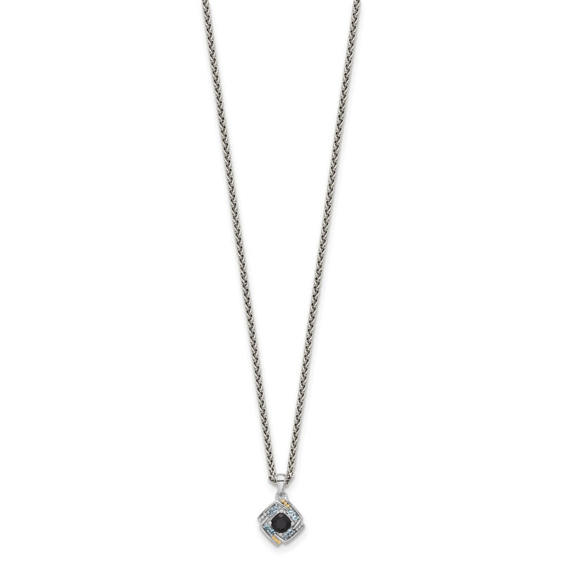 Sterling Silver Rh-Pl w/14K/Silver Two-Tone .49 Onyx and .16 Swiss Blue Topaz Necklace
