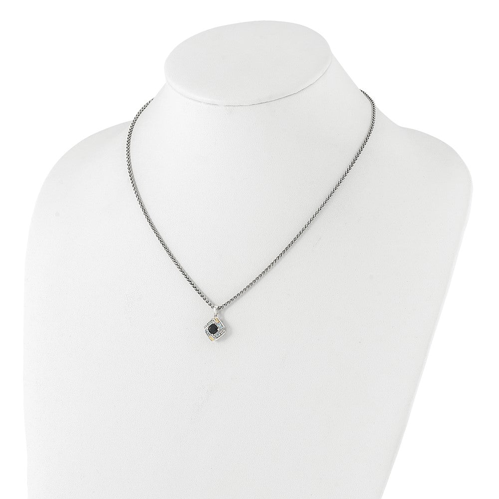 Sterling Silver Rh-Pl w/14K/Silver Two-Tone .49 Onyx and .16 Swiss Blue Topaz Necklace