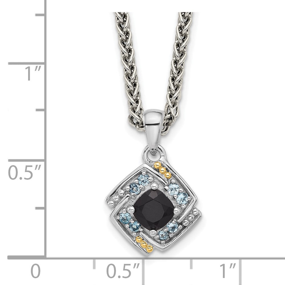 Sterling Silver Rh-Pl w/14K/Silver Two-Tone .49 Onyx and .16 Swiss Blue Topaz Necklace