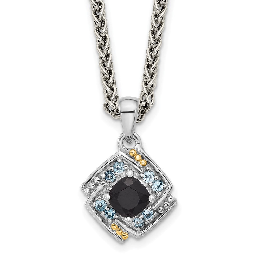 Sterling Silver Rh-Pl w/14K/Silver Two-Tone .49 Onyx and .16 Swiss Blue Topaz Necklace