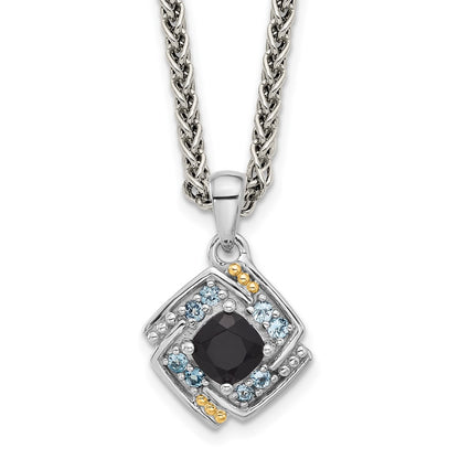 Sterling Silver Rh-Pl w/14K/Silver Two-Tone .49 Onyx and .16 Swiss Blue Topaz Necklace