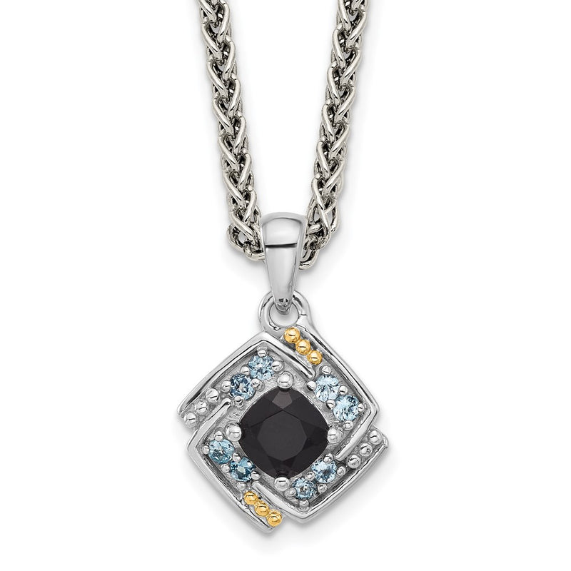 Sterling Silver Rh-Pl w/14K/Silver Two-Tone .49 Onyx and .16 Swiss Blue Topaz Necklace