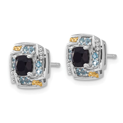 Sterling Silver Rh-Pl w/14K/Silver Two-Tone .96 Onyx / .33 Swiss Blue Topaz Post Earrings