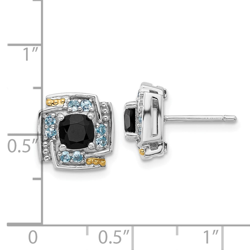 Sterling Silver Rh-Pl w/14K/Silver Two-Tone .96 Onyx / .33 Swiss Blue Topaz Post Earrings