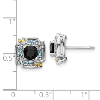 Sterling Silver Rh-Pl w/14K/Silver Two-Tone .96 Onyx / .33 Swiss Blue Topaz Post Earrings