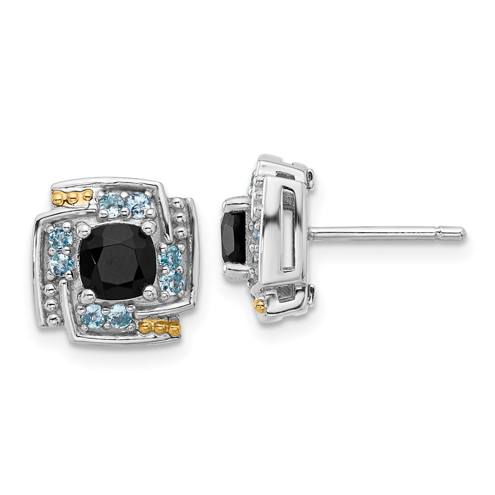 Sterling Silver Rh-Pl w/14K/Silver Two-Tone .96 Onyx / .33 Swiss Blue Topaz Post Earrings