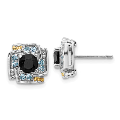 Sterling Silver Rh-Pl w/14K/Silver Two-Tone .96 Onyx / .33 Swiss Blue Topaz Post Earrings