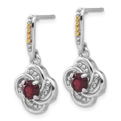Sterling Silver Rhodium-Plated w/14K/Silver Two-Tone Garnet Dangle Post Earrings