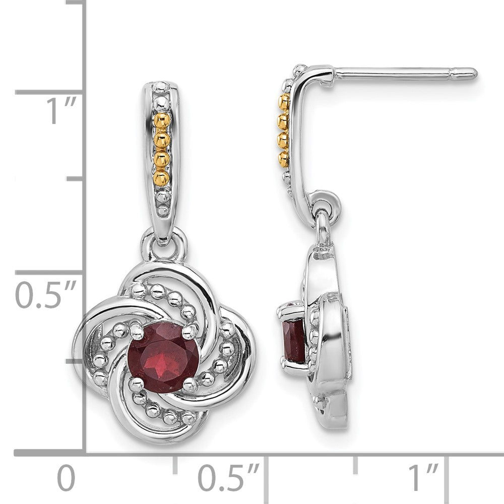 Sterling Silver Rhodium-Plated w/14K/Silver Two-Tone Garnet Dangle Post Earrings