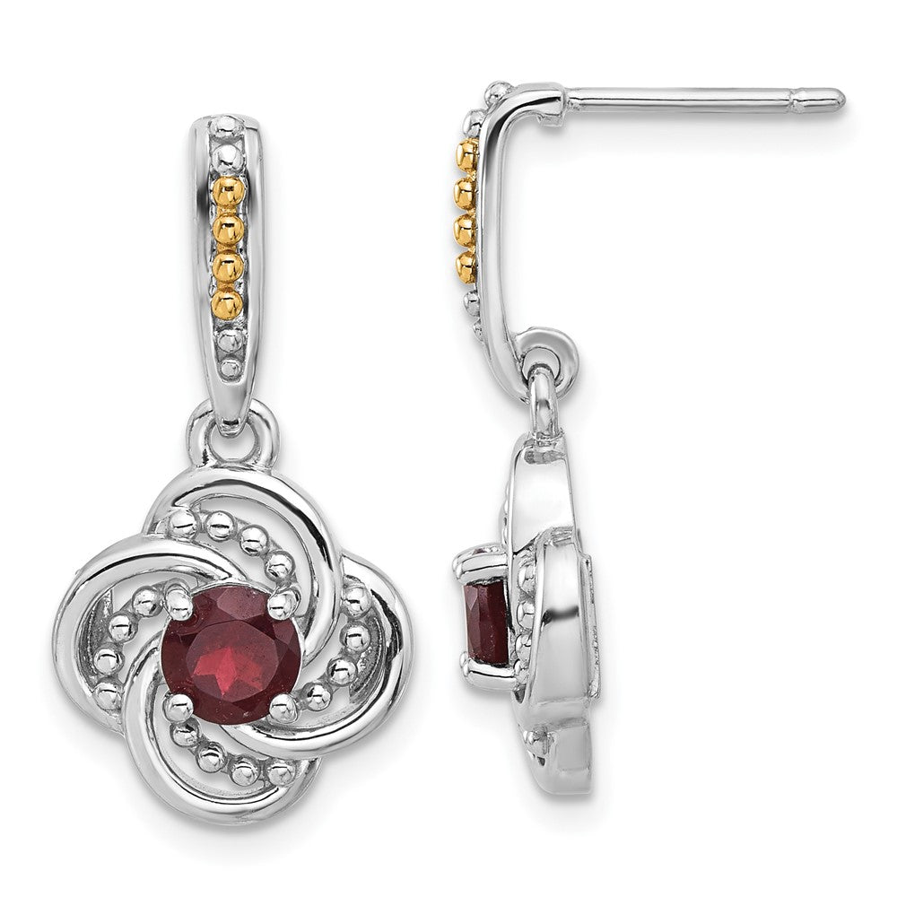 Sterling Silver Rhodium-Plated w/14K/Silver Two-Tone Garnet Dangle Post Earrings